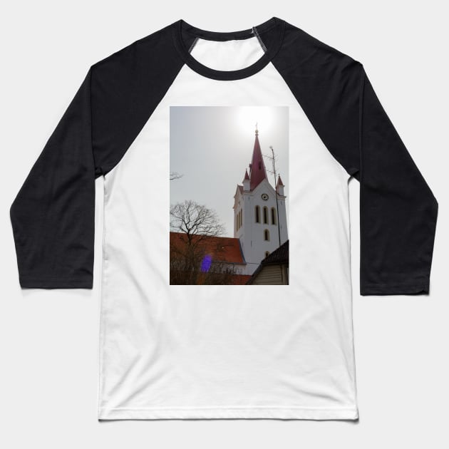 Spire of the bell-tower of St. John’s Church in Cesis, Latvia Baseball T-Shirt by lena-maximova